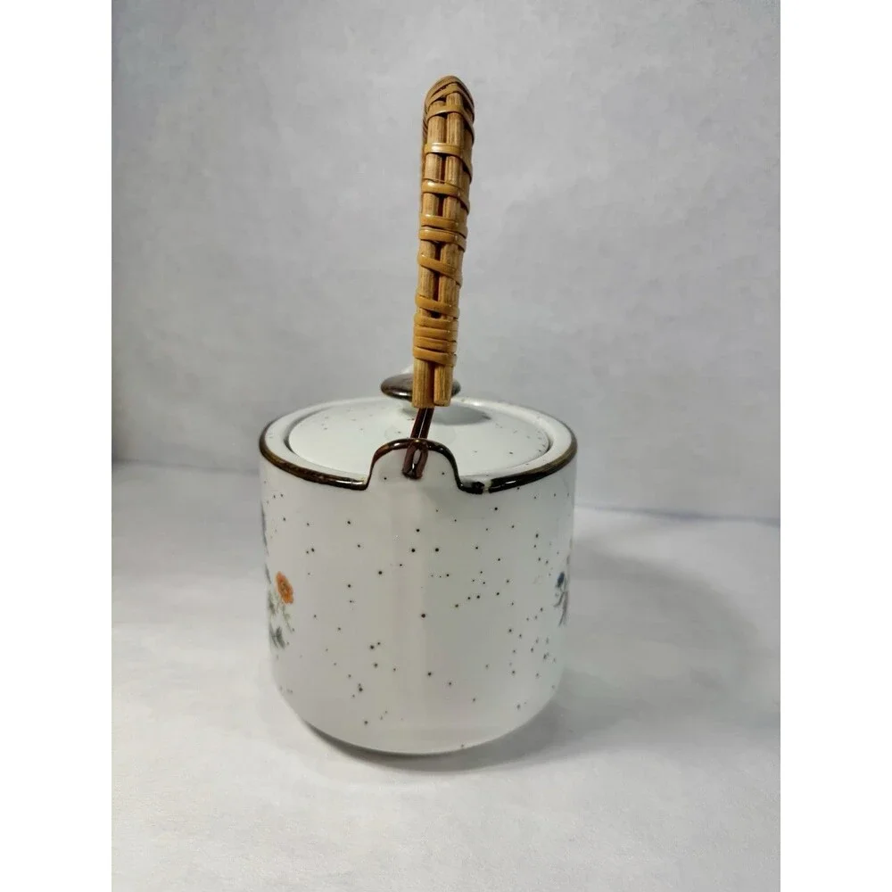 Vintage Speckled Ceramic Teapot Bamboo Handle Hand Painted Flowers Japan